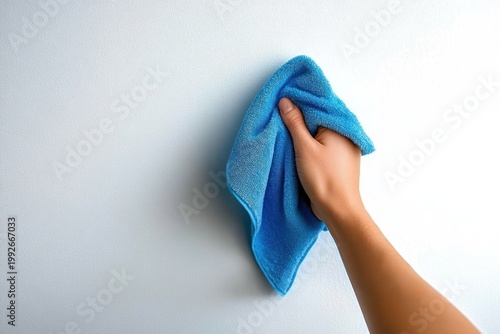 hand wiping a white wall with a blue cleaning cloth conveying care and cleanliness