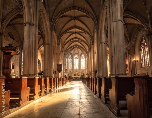 A serene, sunlit interior of a historic church with rows of pews
