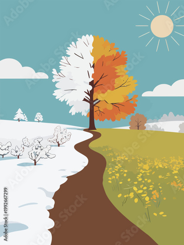 Changing seasons in a landscape showing transition from winter to spring and hints of summer