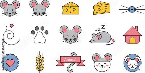 Cute Mouse Pet Icon Set Rat Cheese Animal Cartoon Collection