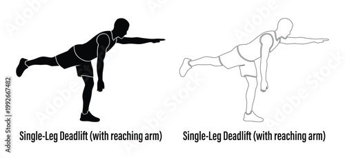 Man Performing Single-Leg Deadlift Silhouette and Outline Set with Reaching Arm for Hamstring Strength, Balance, and Fitness Training
