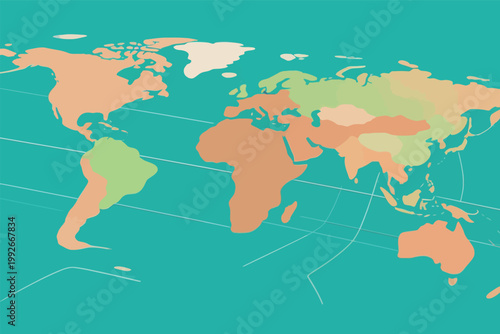 World map in simple colors showing continents and oceans for educational purposes or general reference in a clear layout