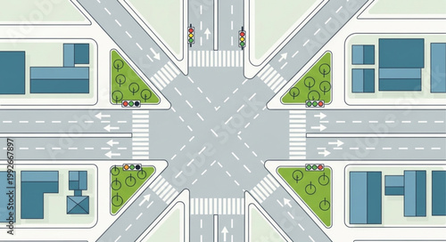 Aerial view of a busy city intersection with buildings and roads.