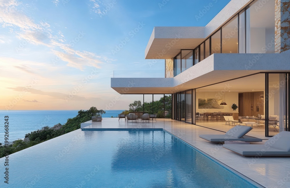 Fototapeta premium Modern oceanfront villa with infinity pool, glass walls, terrace and loungers at sunset conveying calm luxury