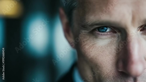 Close-up of a man's intense gaze in urban setting