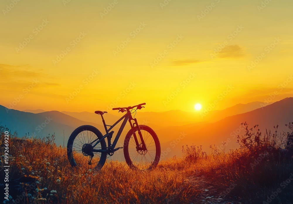 Obraz premium Mountain bike silhouetted on a grassy ridge at golden sunset with layered mountains and warm sky, evoking peaceful solitude and adventurous freedom