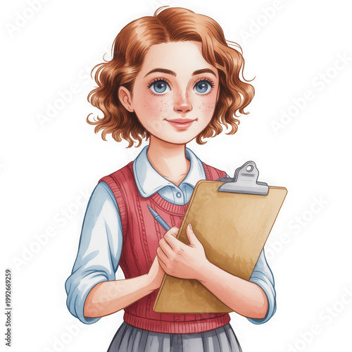 Cheerful schoolgirl holding clipboard with friendly smile and transparent background