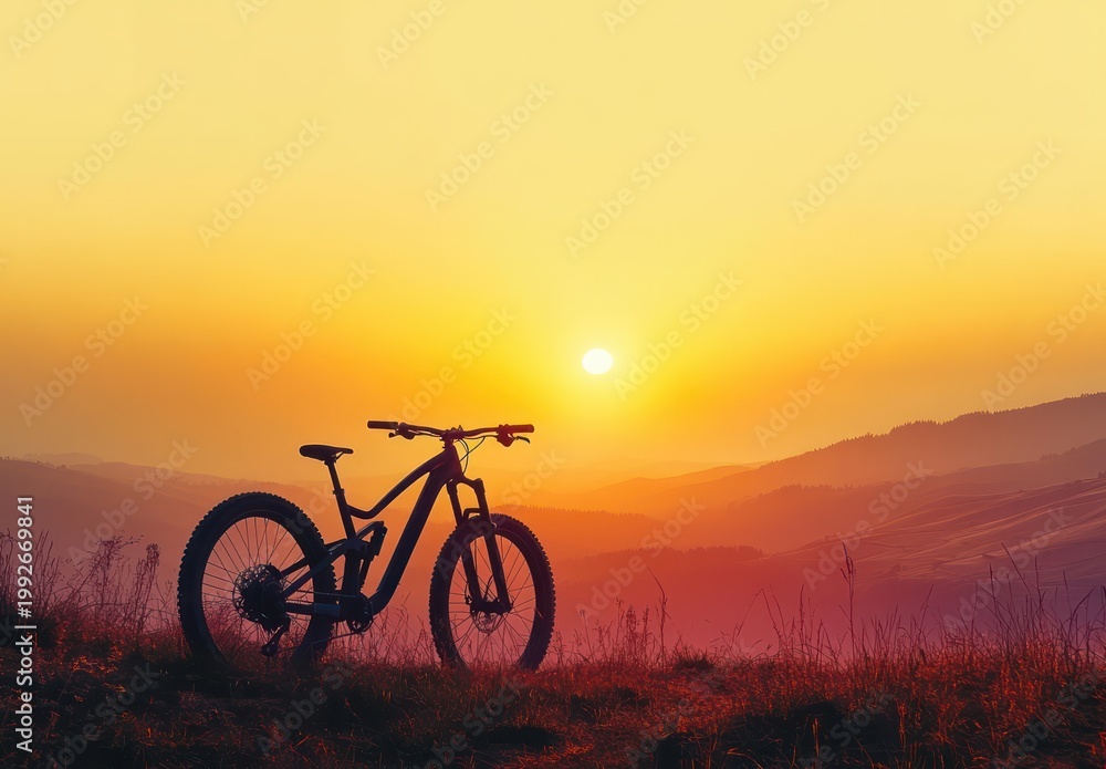 Naklejka premium Silhouetted mountain bike on a grassy hill at sunrise over layered misty hills, warm golden sky evoking peaceful solitude and adventure