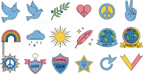 Peace Harmony Unity Symbol Icon Set Dove Rainbow Earth Love Collection