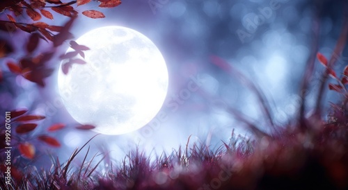 Luminous Full Moon Shining Through Autumn Leaves and Grass at Night