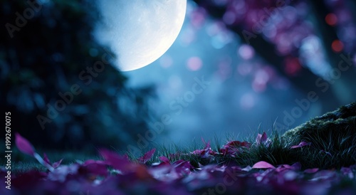 Enchanting moonlit forest floor with fallen purple leaves and soft bokeh lights
