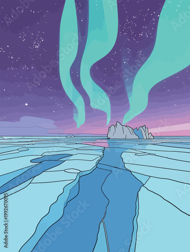 Aurora borealis lights up the night sky over a frozen landscape with ice and rocks in the distance