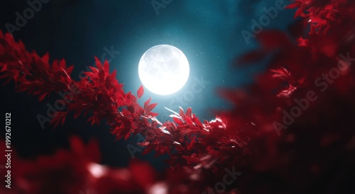 Luminous full moon framed by vibrant crimson leaves at night