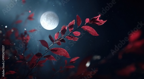 Vibrant red leaves illuminated by a full moon on a mystical night