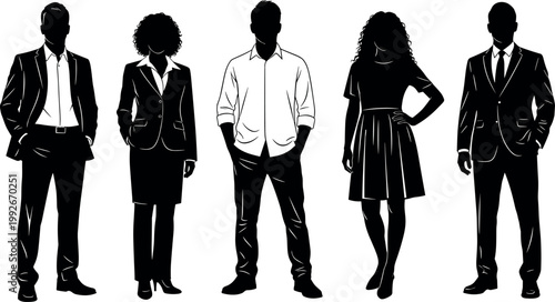 Diverse group of five professional business people silhouettes isolated on white background vector illustration for corporate team concepts and designs.
