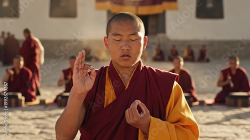 Young monk meditating with hands in mudra gesture outdoors in a monastery courtyard with other monks sitting in background, spiritual practice