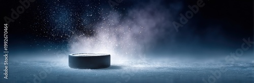 Ice Hockey Puck on Frozen Rink with Dramatic Lighting and Snow Dust