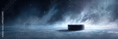 Dramatic hockey puck on icy surface with swirling snow and mist