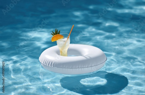 Refreshing Summer Drink with Orange Slice Floating in Swimming Pool