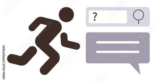 Online research, information seeking, problem-solving, decision-making, communication, digital tools. Silhouette of a person running toward a search bar and speech bubble. Information seeking