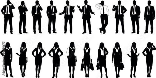 Collection of professional business people silhouettes featuring standing corporate men in suits and women in dresses for office vector illustration.
