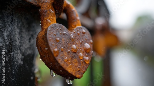 Close-up of a rusty heart-shaped padlock with raindrops, symbolizing love