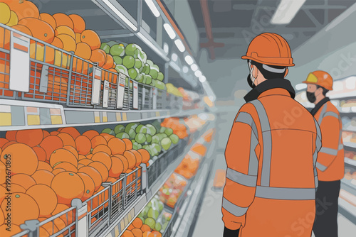 Workers inspecting shelves of fruits in a grocery store during daytime
