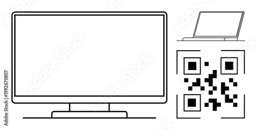 Digital communication, online access, technology interface, productivity tools, connectivity, information sharing. Minimalistic designs of a monitor, laptop and a QR code. Digital communication