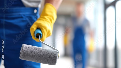 Professional painter in yellow gloves holding a gray paint roller