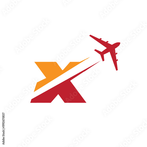 This is a logo design of a letter X with an airplane flying through it cut the letter into two parts. The logo looks nice in red and orange color combination and on a white background.