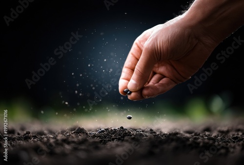 Close-up of Hand Sowing Seeds into Fertile Soil for Gardening