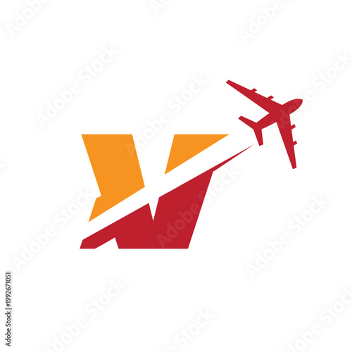 This is a logo design of a letter V with an airplane flying through it cut the letter into two parts. The logo looks nice in red and orange color combination and on a white background.