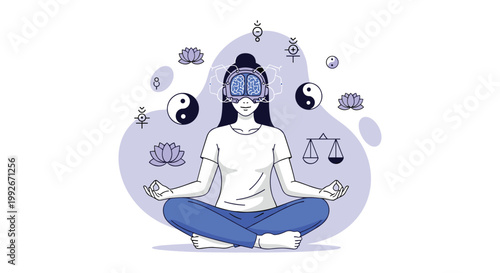A woman meditates wearing a virtual reality headset surrounded by symbols of spirituality balance and the mind high quality professional detailed modern elegant