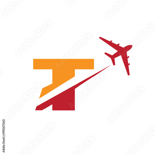 This is a logo design of a letter T with an airplane flying through it cut the letter into two parts. The logo looks nice in red and orange color combination and on a white background.