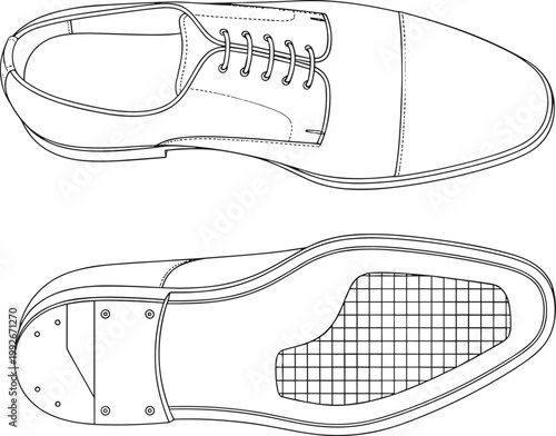 A detailed black and white line drawing showcases a classic men s oxford shoe from both top and bottom perspectives high quality professional