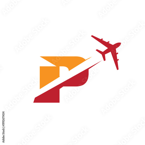This is a logo design of a letter P with an airplane flying through it cut the letter into two parts. The logo looks nice in red and orange color combination and on a white background.