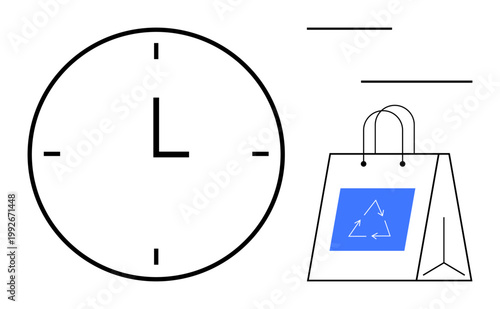Time management, eco-friendly habits, sustainability, recycling, environmental care, conscious consumerism. Minimal design with a clock and a recyclable bag. Time management and eco-friendly habits