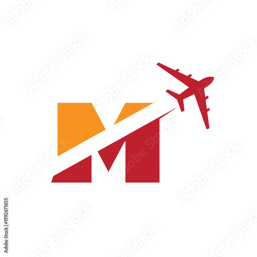 This is a logo design of a letter M with an airplane flying through it cut the letter into two parts. The logo looks nice in red and orange color combination and on a white background.