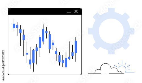 Trading, stock market, financial analysis, data management, technology, forecasting. Candlestick chart in a window with a gear and clouds. Trading and stock market concept