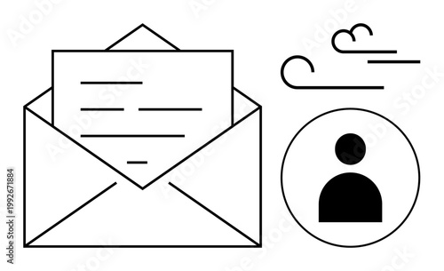 Digital communication, email marketing, user connection, message delivery, online correspondence, postal service. Open envelope with paper, person profile icon and stylized mail lines. Digital