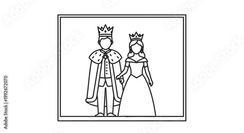 Royal Couple King and Queen in Crowns and Regal Attire, Line Art Icon