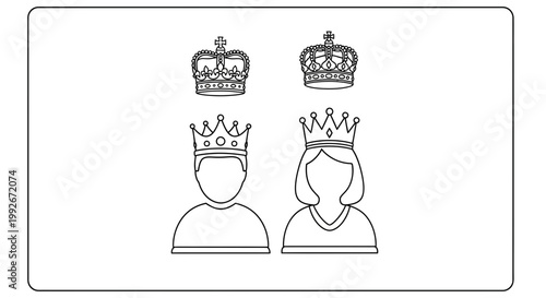 Royal Couple Icons: King and Queen with Crowns, Symbolizing Royalty and Power