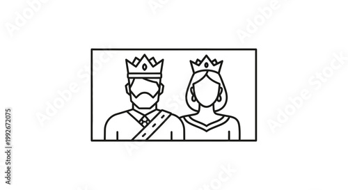 Royal Couple Icon: King and Queen Wearing Crowns, Elegant Line Art Portrait
