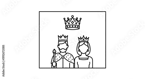 Royal Couple King and Queen with Crown Icon, Line Art Illustration