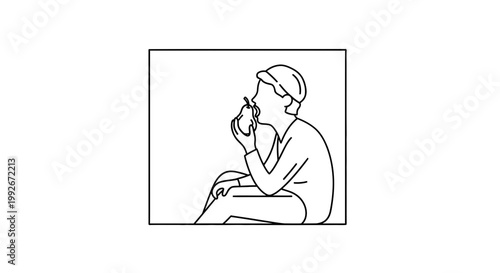 Person in profile eating a pear, minimalist line art, healthy snack, simple illustration