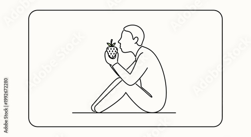 Person sitting and smelling a fresh strawberry, healthy eating concept, simple line art