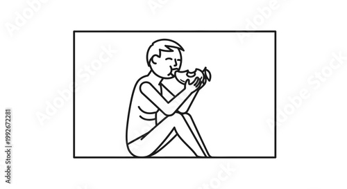 Person sitting and eating a sandwich, minimalist line art illustration