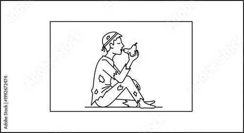 Poor child eating an apple sitting on the ground, poverty, hunger, simple life, black and white illustration