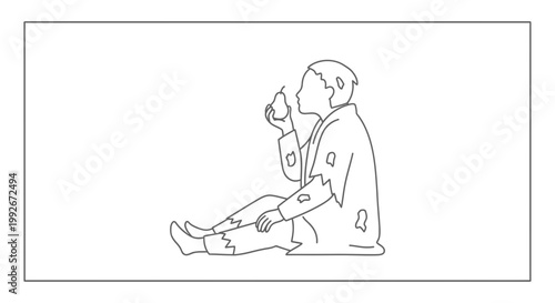 Poor Man Eating Pear Sitting on Ground, Tattered Clothes, Hunger Concept