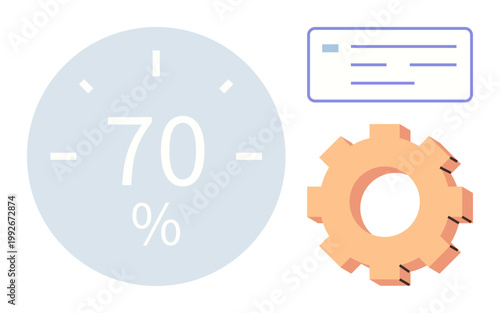 Business performance, data analysis, system configuration, process optimization, digital workflow, efficiency. Circular percentage display, gear symbol and document outline. Data analysis and system